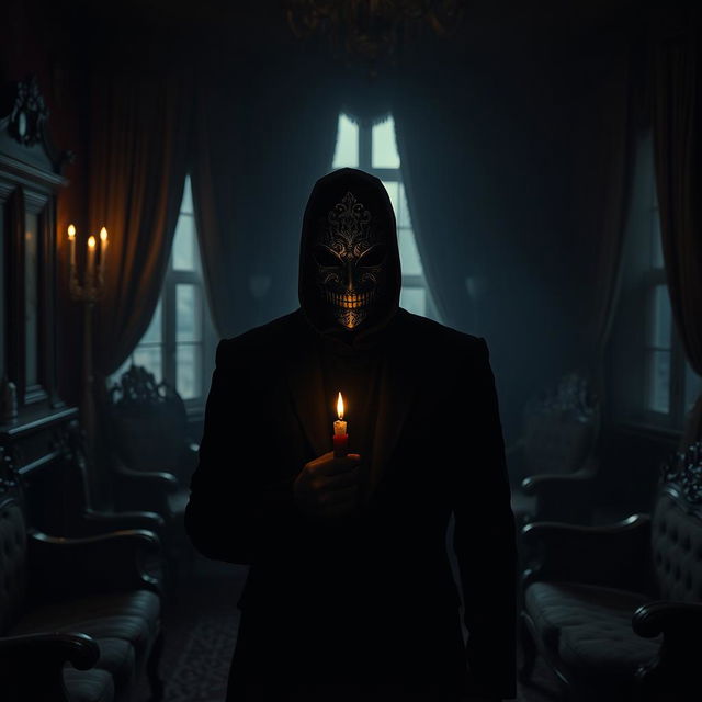 An enigmatic figure stands amidst a dimly lit room filled with ornate, antique furniture