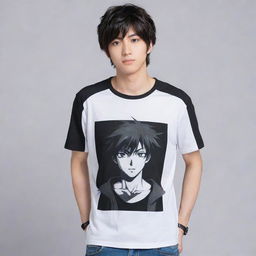 Enhance the anime character on the t-shirt, making him look exceptionally cool and impressive.