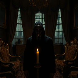 An enigmatic figure stands amidst a dimly lit room filled with ornate, antique furniture