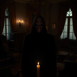 An enigmatic figure stands amidst a dimly lit room filled with ornate, antique furniture