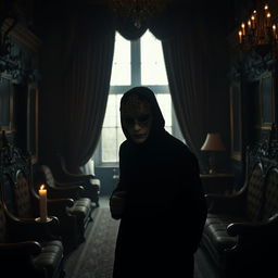 An enigmatic figure stands amidst a dimly lit room filled with ornate, antique furniture