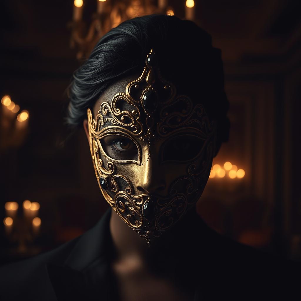 A mysterious figure stands behind a beautifully ornate mask, subtly illuminated in a dark, moody setting