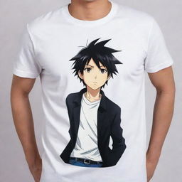 Enhance the anime character on the t-shirt, making him look exceptionally cool and impressive.