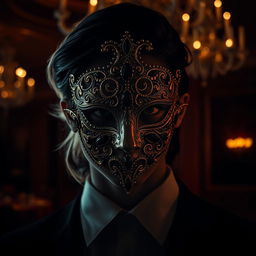 A mysterious figure stands behind a beautifully ornate mask, subtly illuminated in a dark, moody setting