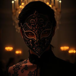 A mysterious figure stands behind a beautifully ornate mask, subtly illuminated in a dark, moody setting