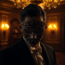 A mysterious figure stands behind a beautifully ornate mask, subtly illuminated in a dark, moody setting