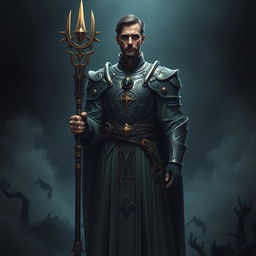 An elegant adult cleric standing in a dark, ominous environment