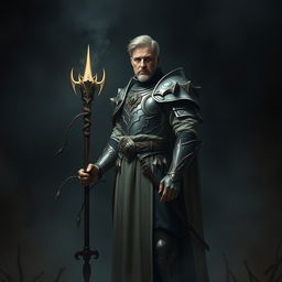 An elegant adult cleric standing in a dark, ominous environment