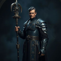 An elegant adult cleric standing in a dark, ominous environment