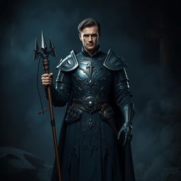 An elegant adult cleric standing in a dark, ominous environment