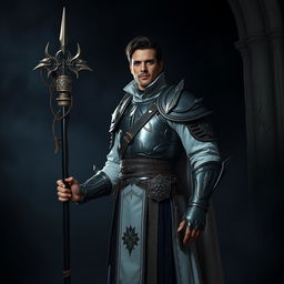 An elegant adult cleric standing in a dark, ominous environment