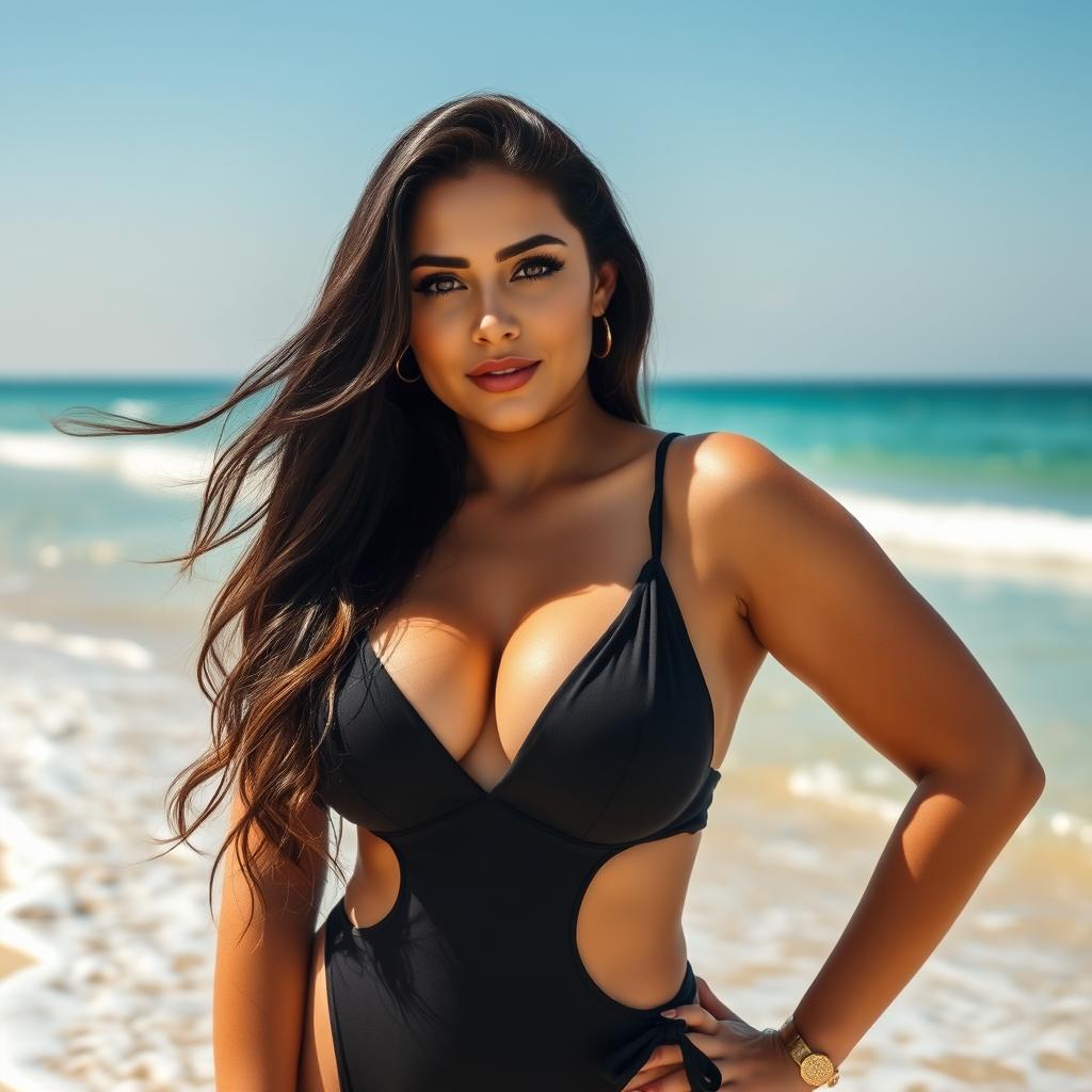 A 25-year-old Israeli woman with a voluptuous figure, exuding confidence and allure at the beach