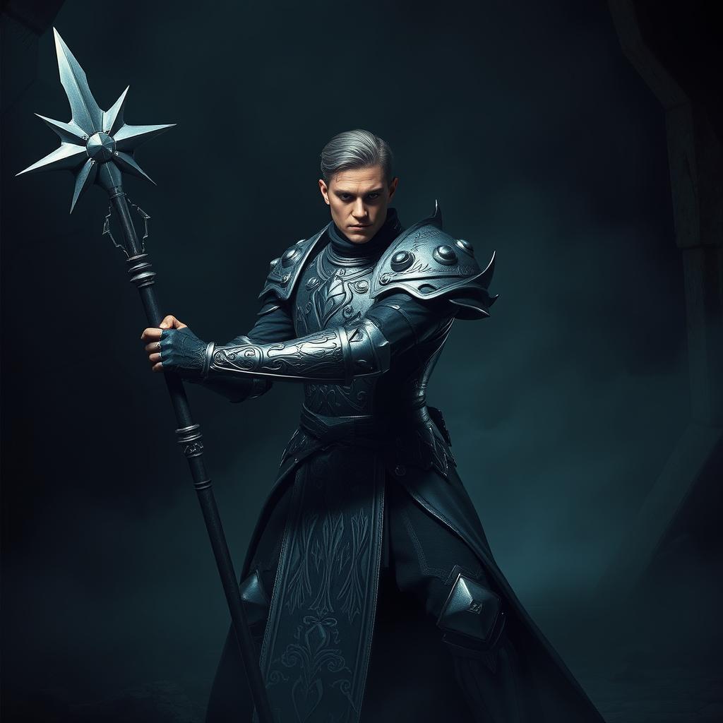 An elegant adult cleric poised in a combat stance within a dark, ominous environment