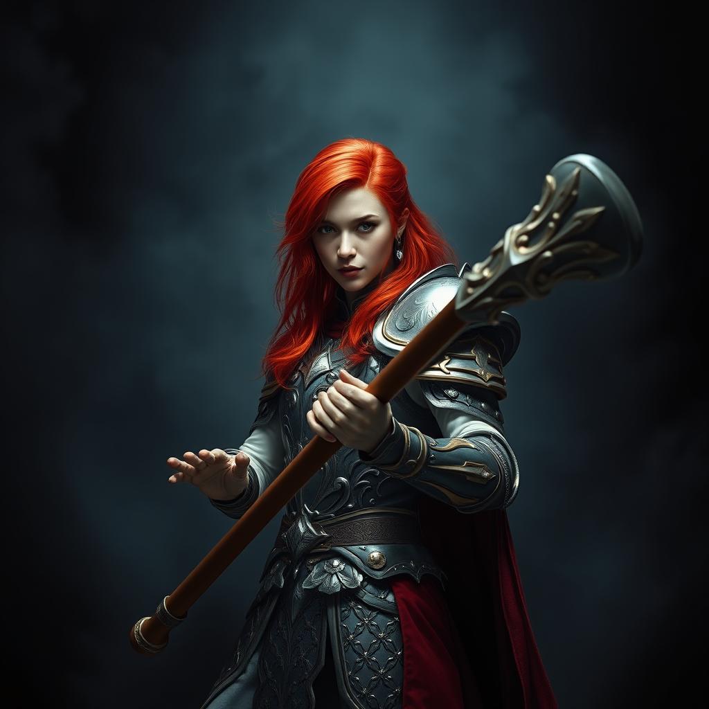 An elegant adult cleric with striking red hair, poised in a combat stance within a dark, ominous environment