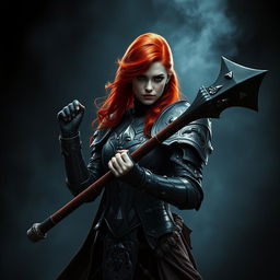 An elegant adult cleric with striking red hair, poised in a combat stance within a dark, ominous environment