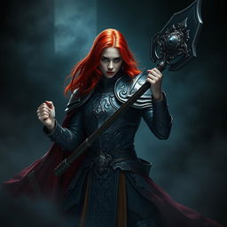 An elegant adult cleric with striking red hair, poised in a combat stance within a dark, ominous environment