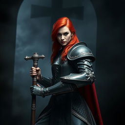 An elegant adult cleric with striking red hair, poised in a combat stance within a dark, ominous environment