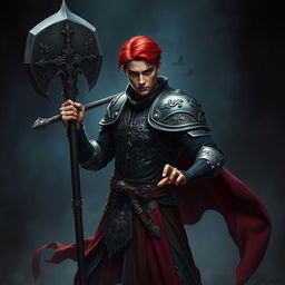 An elegant male adult cleric with striking red hair, poised in a combat stance within a dark, ominous environment