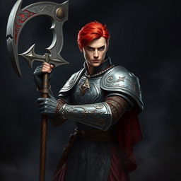 An elegant male adult cleric with striking red hair, poised in a combat stance within a dark, ominous environment