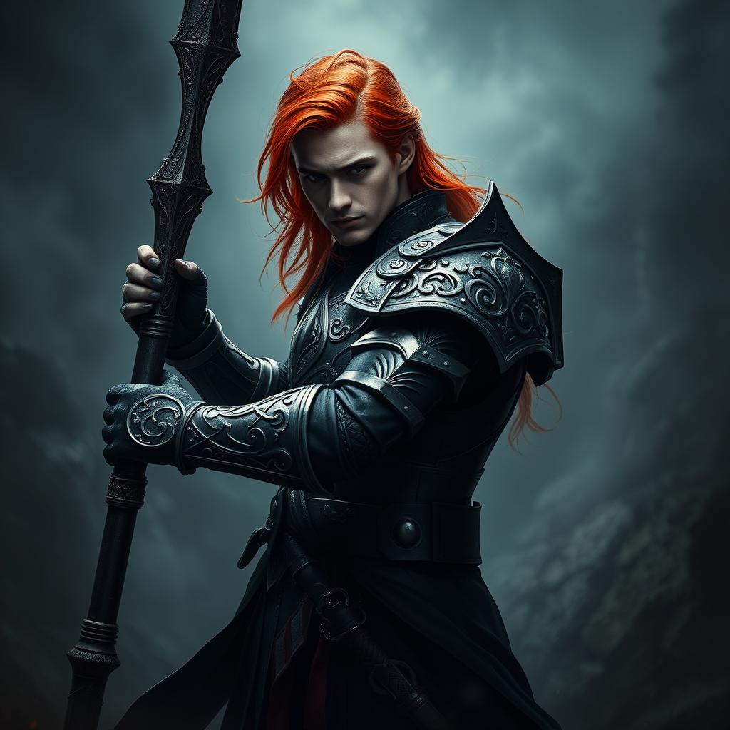 An elegant male adult cleric with striking red hair, poised in a combat stance within a dark, ominous environment