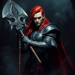 An elegant male adult cleric with striking red hair, poised in a combat stance within a dark, ominous environment