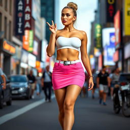 A fit and confident girl showcasing her huge toned abs and big, voluptuous breasts, wearing a very short pink spandex miniskirt accentuated with a thin white belt