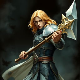 An elegant male adult cleric with striking golden hair, poised in a combat stance within a dark, ominous environment