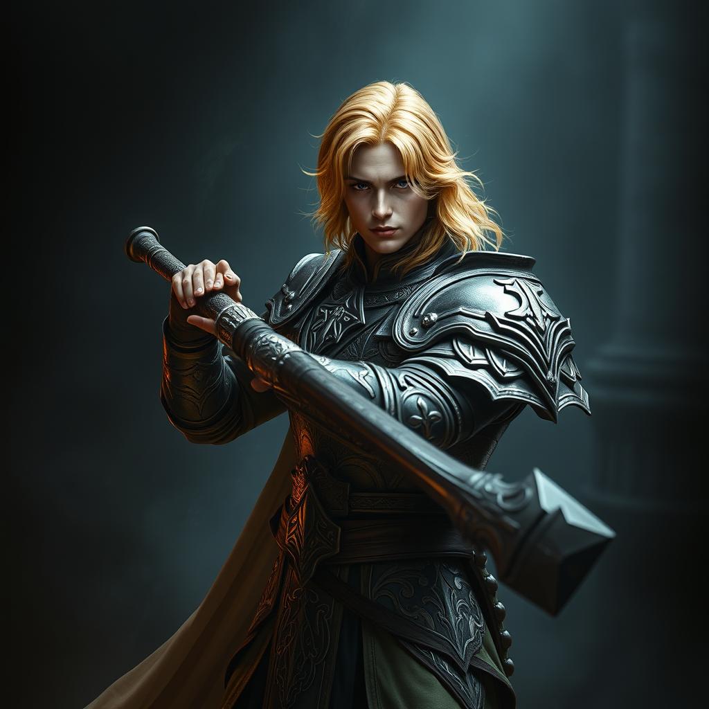 An elegant male adult cleric with striking golden hair, poised in a combat stance within a dark, ominous environment