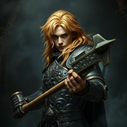 An elegant male adult cleric with striking golden hair, poised in a combat stance within a dark, ominous environment