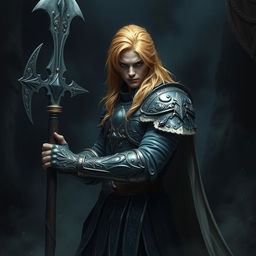 An elegant male adult cleric with striking golden hair, poised in a combat stance within a dark, ominous environment