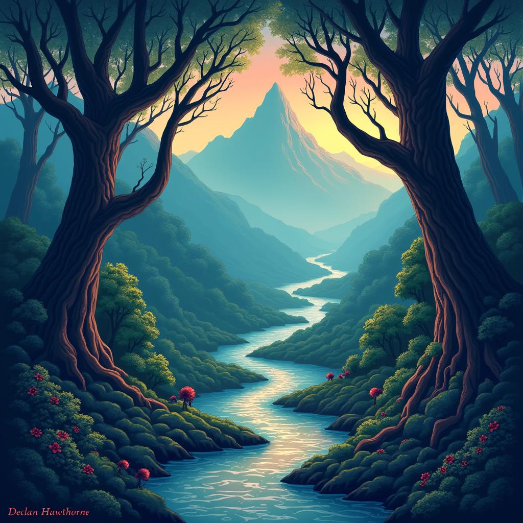 An enchanting mystical landscape featuring towering ancient trees and a foreboding dark mountain range in the background