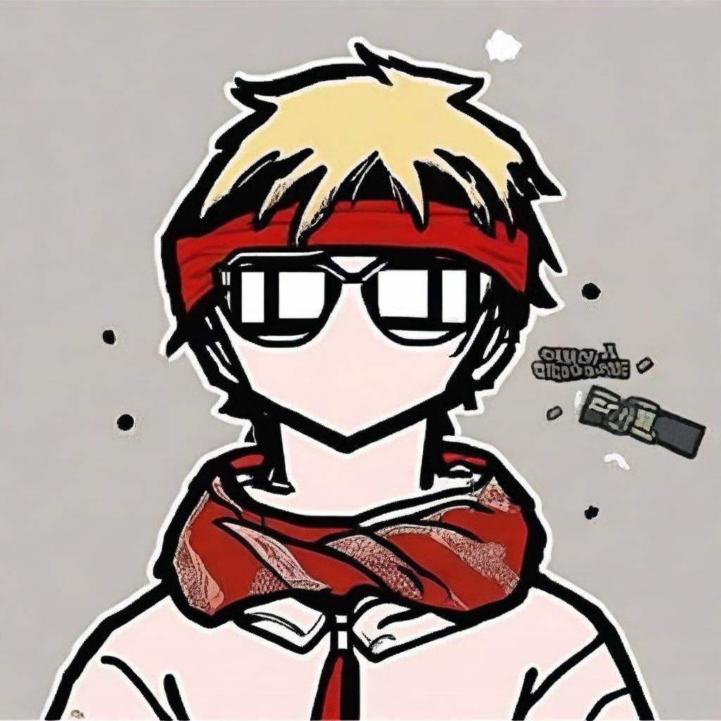 An anime character profile picture, adorning a red bandana and wearing trendy meme glasses.