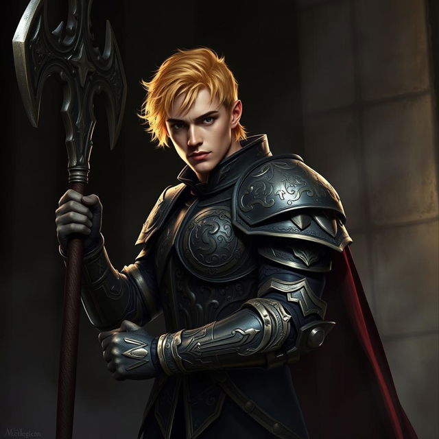 An elegant male adult cleric with short, striking golden hair, poised in a combat stance within a dark, ominous environment