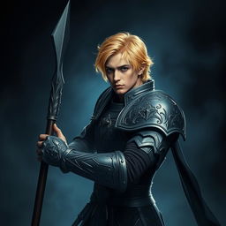 An elegant male adult cleric with short, striking golden hair, poised in a combat stance within a dark, ominous environment