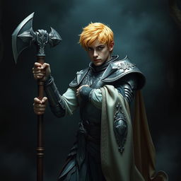 An elegant male adult cleric with short, striking golden hair, poised in a combat stance within a dark, ominous environment