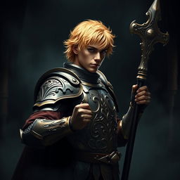 An elegant male adult cleric with short, striking golden hair, poised in a combat stance within a dark, ominous environment