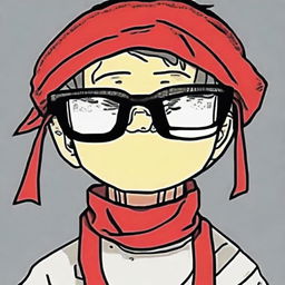 An anime character profile picture, adorning a red bandana and wearing trendy meme glasses.