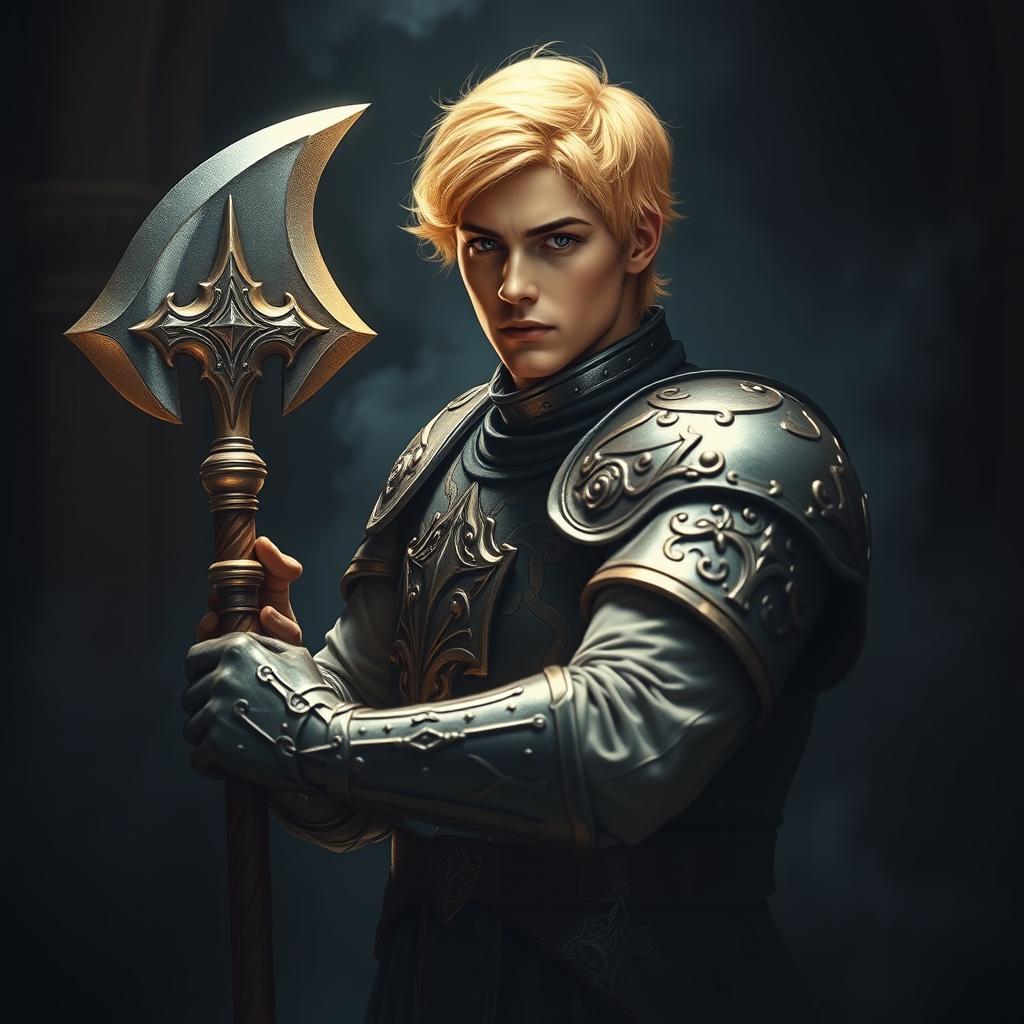 An elegant male adult cleric with short, striking golden hair, poised in a combat stance within a dark, ominous environment