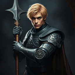 An elegant male adult cleric with short, striking golden hair, poised in a combat stance within a dark, ominous environment