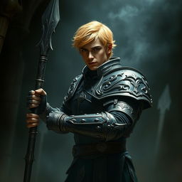 An elegant male adult cleric with short, striking golden hair, poised in a combat stance within a dark, ominous environment