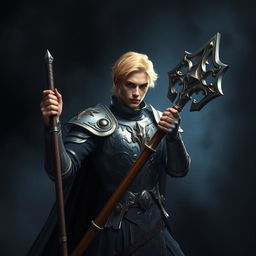 An elegant male adult cleric with short, striking golden hair, poised in a combat stance within a dark, ominous environment