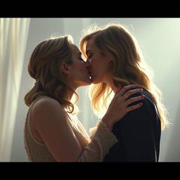 A beautiful and cinematic scene featuring two women, reminiscent of Scarlett Johansson and Elizabeth Olsen, engaged in a passionate and romantic kiss