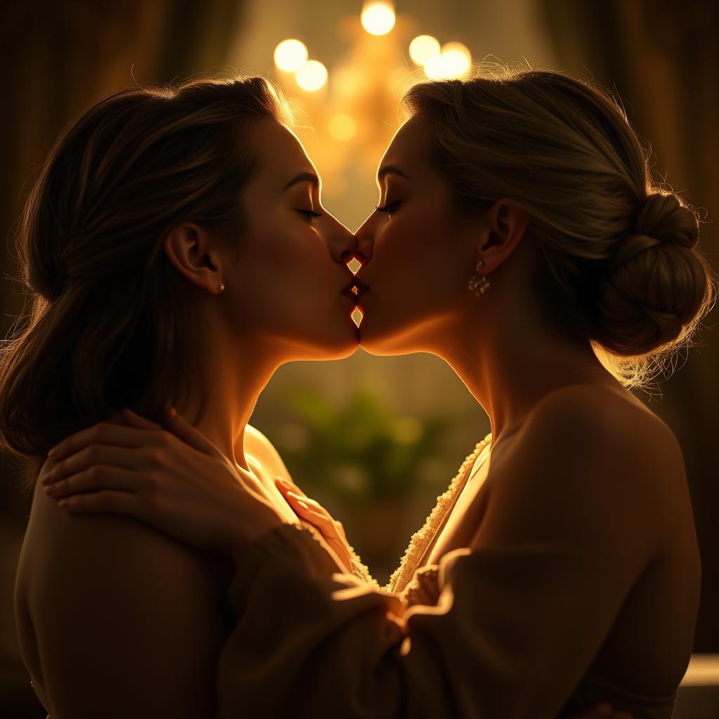 A beautiful and cinematic scene featuring two women, reminiscent of Scarlett Johansson and Elizabeth Olsen, engaged in a passionate and romantic kiss