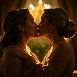 A beautiful and cinematic scene featuring two women, reminiscent of Scarlett Johansson and Elizabeth Olsen, engaged in a passionate and romantic kiss