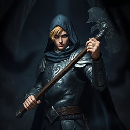 An elegant male adult cleric with short, striking golden hair, partially concealed by a hood, poised in a combat stance within a dark, ominous environment