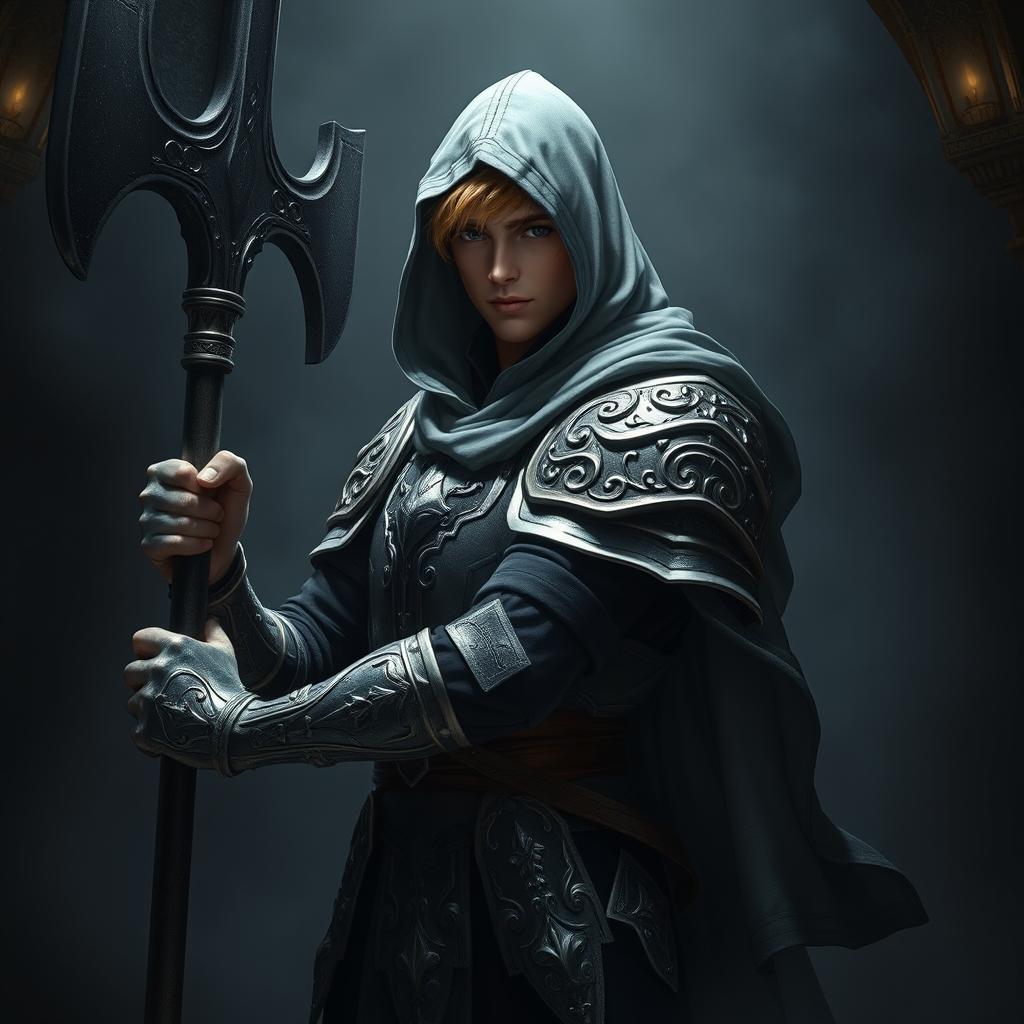 An elegant male adult cleric with short, striking golden hair, partially concealed by a hood, poised in a combat stance within a dark, ominous environment