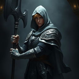 An elegant male adult cleric with short, striking golden hair, partially concealed by a hood, poised in a combat stance within a dark, ominous environment