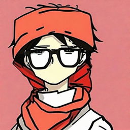 An anime character profile picture, adorning a red bandana and wearing trendy meme glasses.