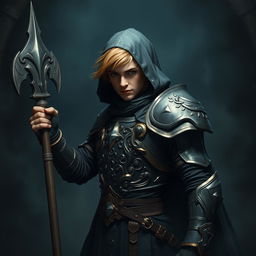 An elegant male adult cleric with short, striking golden hair, partially concealed by a hood, poised in a combat stance within a dark, ominous environment