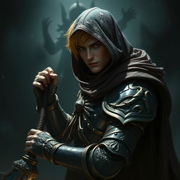 An elegant male adult cleric with short, striking golden hair, partially concealed by a hood, poised in a combat stance within a dark, ominous environment